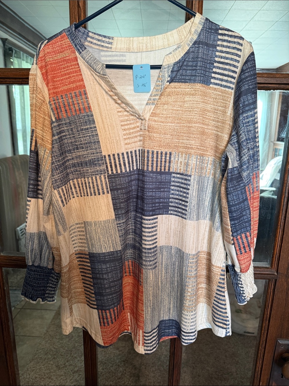 Lomon Women Blue Orange Patchwork Print Split Neck Smocked Cuff Top Large Fall